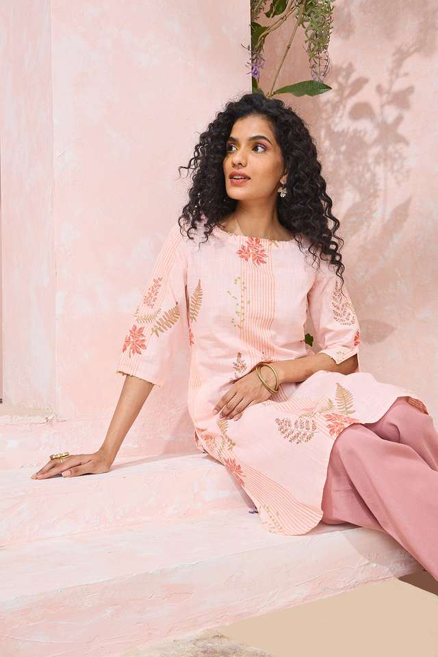 Light Pink Block Printed Pure Cotton Kurta image number