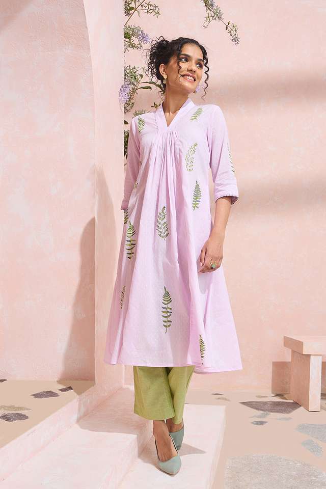 Light Violet Block Printed Pure Cotton Kurta image number