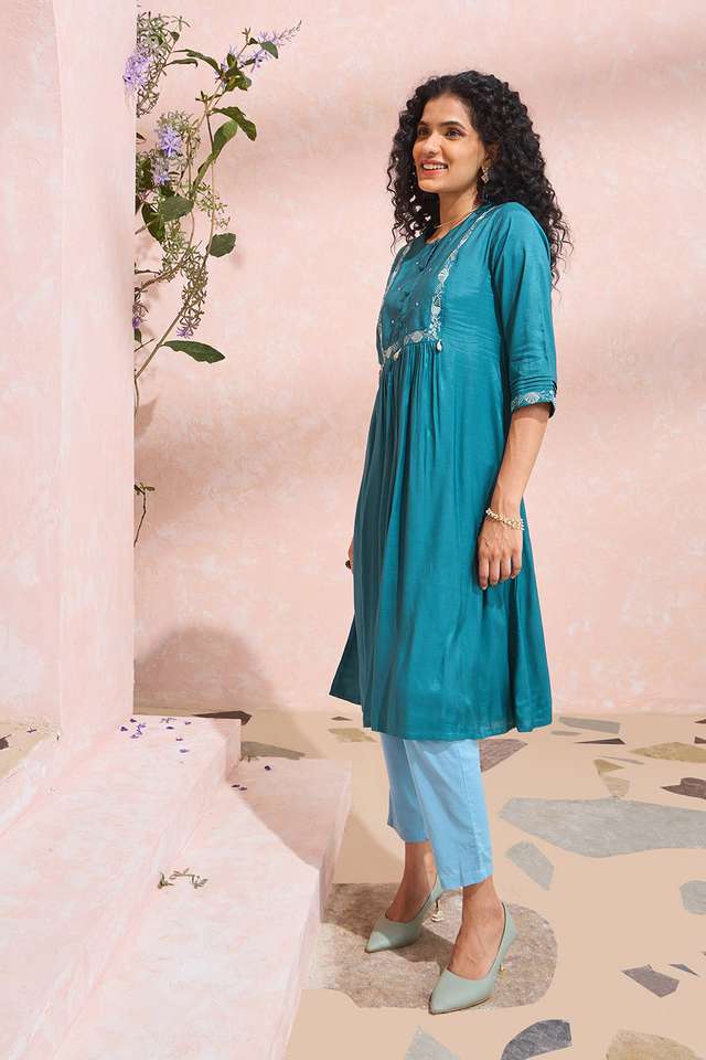 Dark Blue Viscose Embroidered Kurta image number