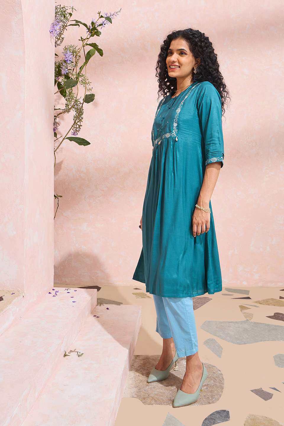 Dark Blue Viscose Embroidered Kurta
