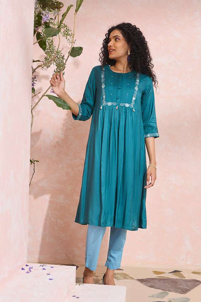 Dark Blue Viscose Embroidered Kurta thumbnail image number null