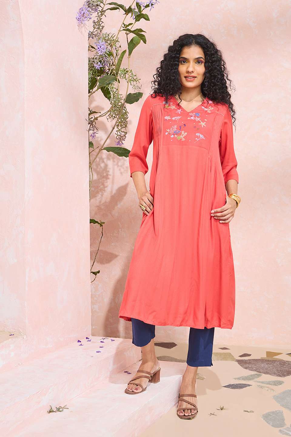 Orange Viscose Embroidered Kurta