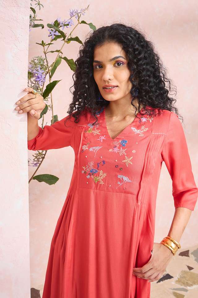 Orange Viscose Embroidered Kurta thumbnail image number null