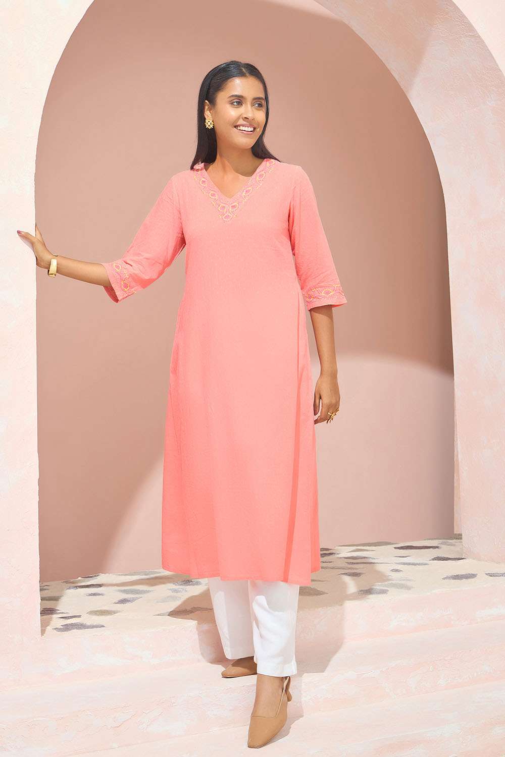 Light Orange Pure Cotton Chikankari Kurta image number null