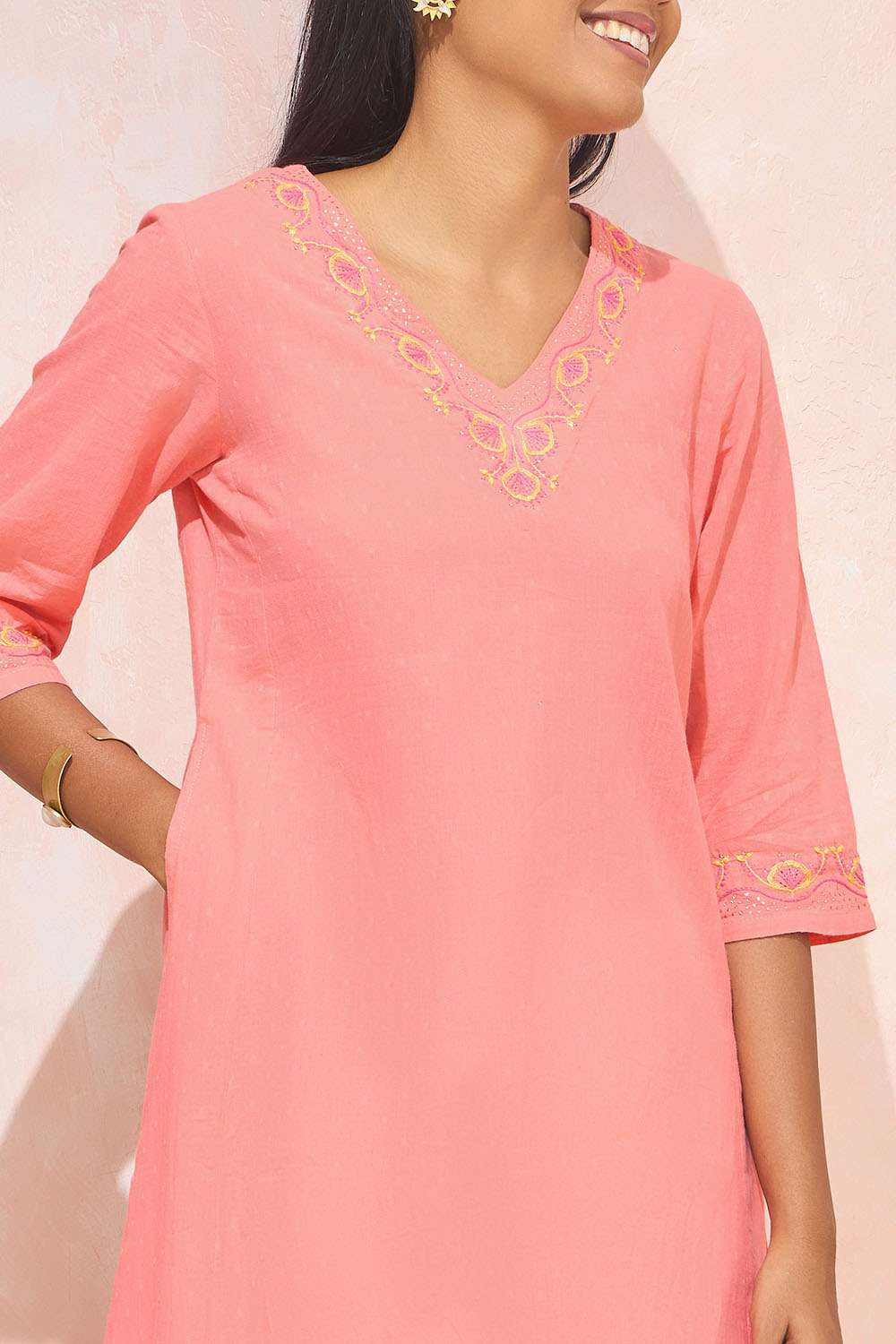 Light Orange Pure Cotton Chikankari Kurta image number null
