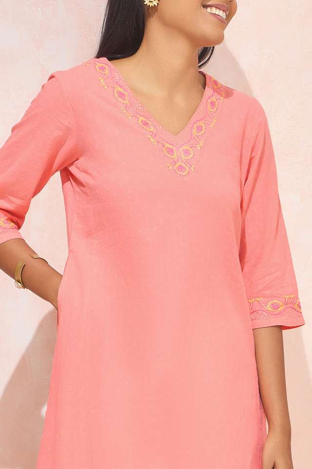Light Orange Pure Cotton Chikankari Kurta thumbnail image number null