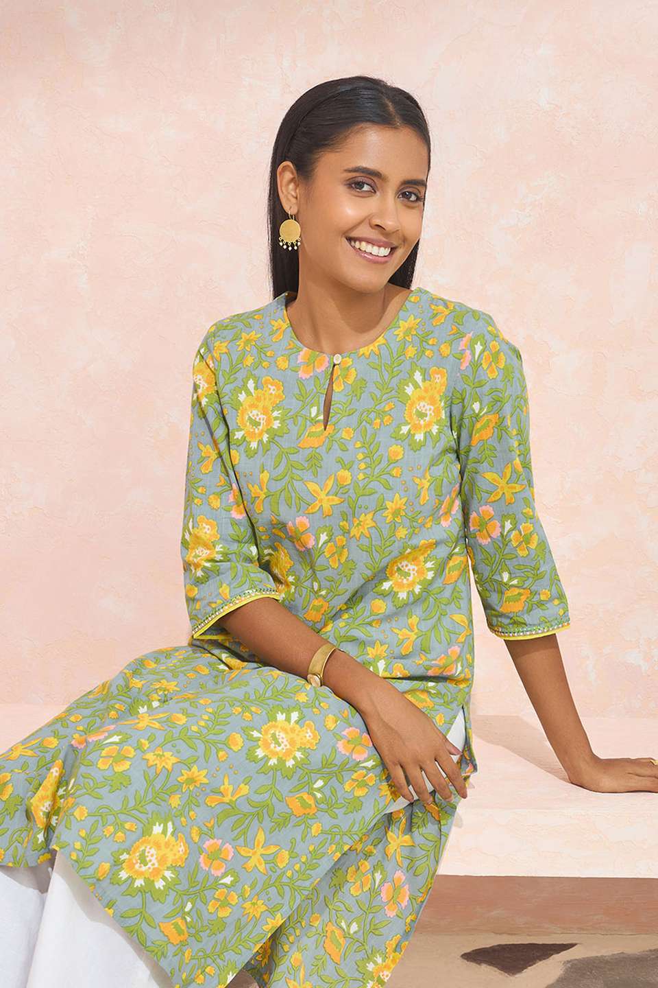 Light Green Screen Printed Pure Cotton Kurta