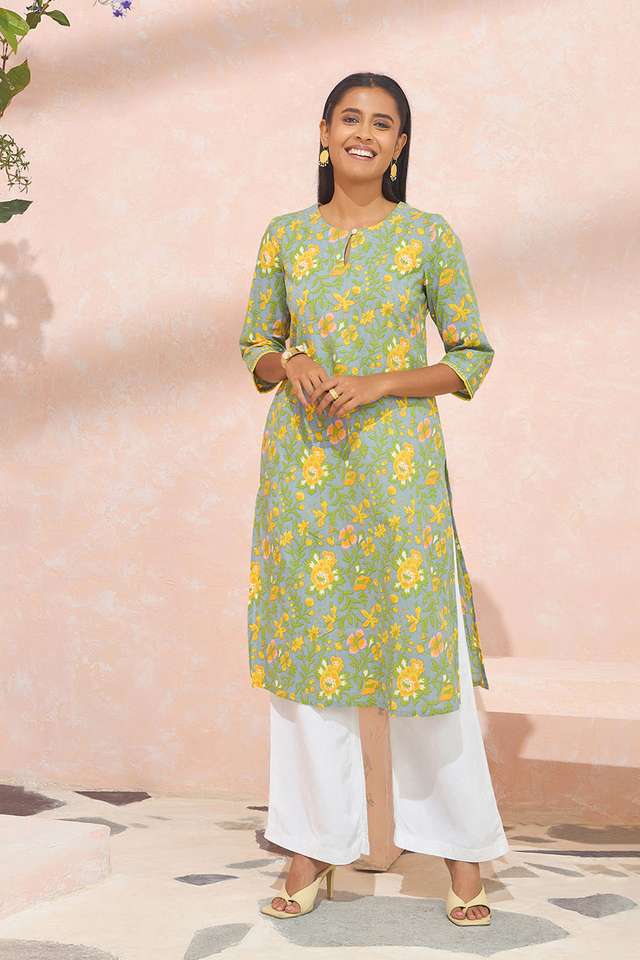 Light Green Screen Printed Pure Cotton Kurta thumbnail image number null