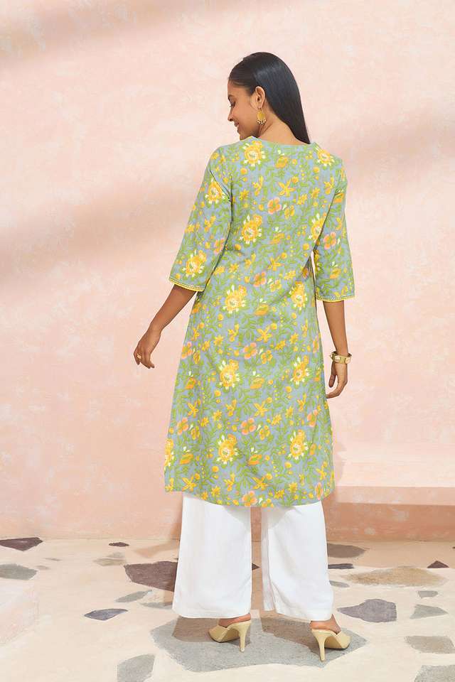 Light Green Screen Printed Pure Cotton Kurta thumbnail image number null