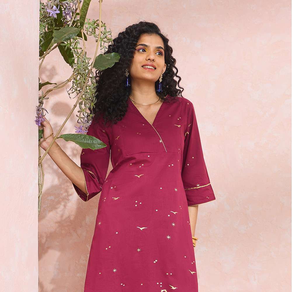 Dark Pink Screen Printed Pure Cotton Kurta image number null