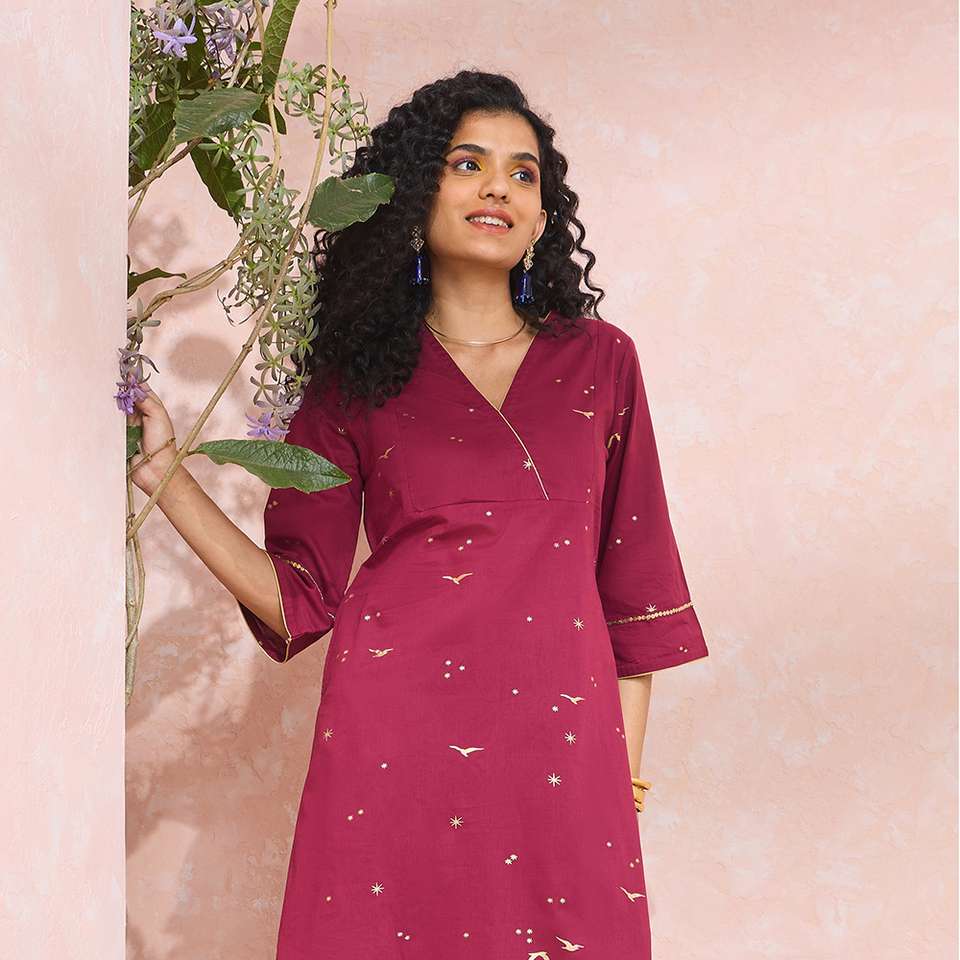 Dark Pink Screen Printed Pure Cotton Kurta