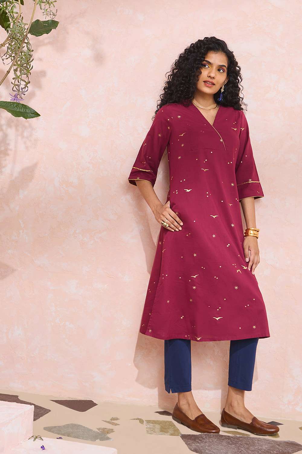 Dark Pink Screen Printed Pure Cotton Kurta image number null