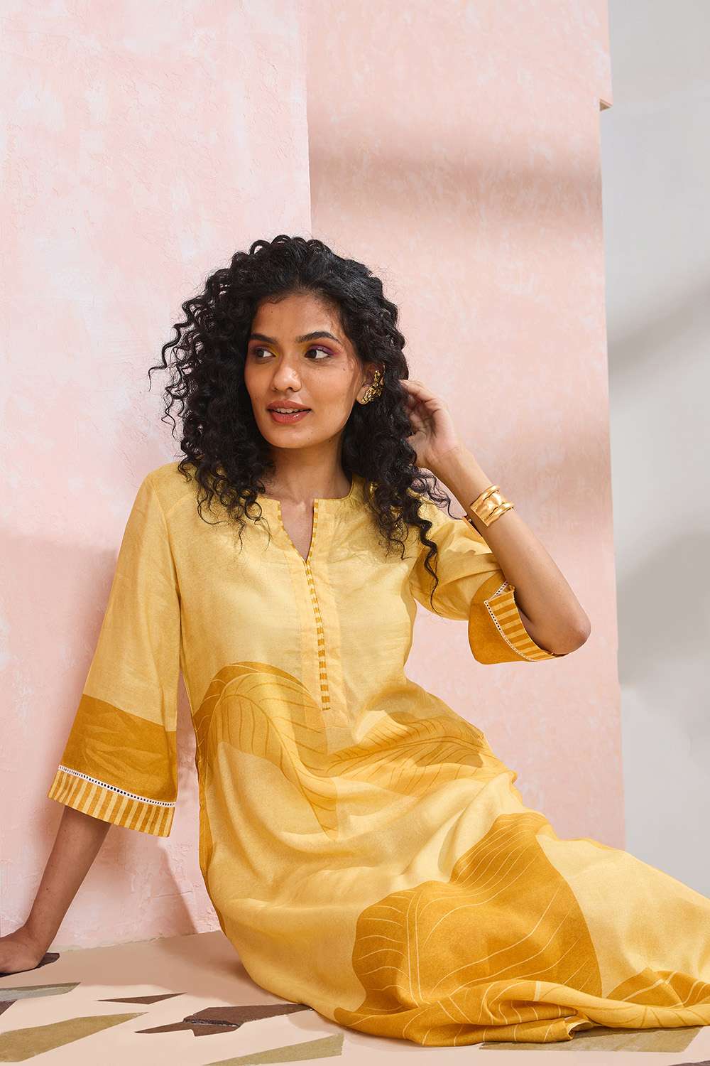 Yellow Printed Viscose Kurta image number null