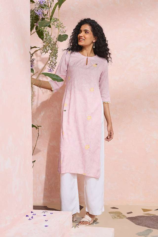 Light Pink Screen Printed Viscose Kurta image number