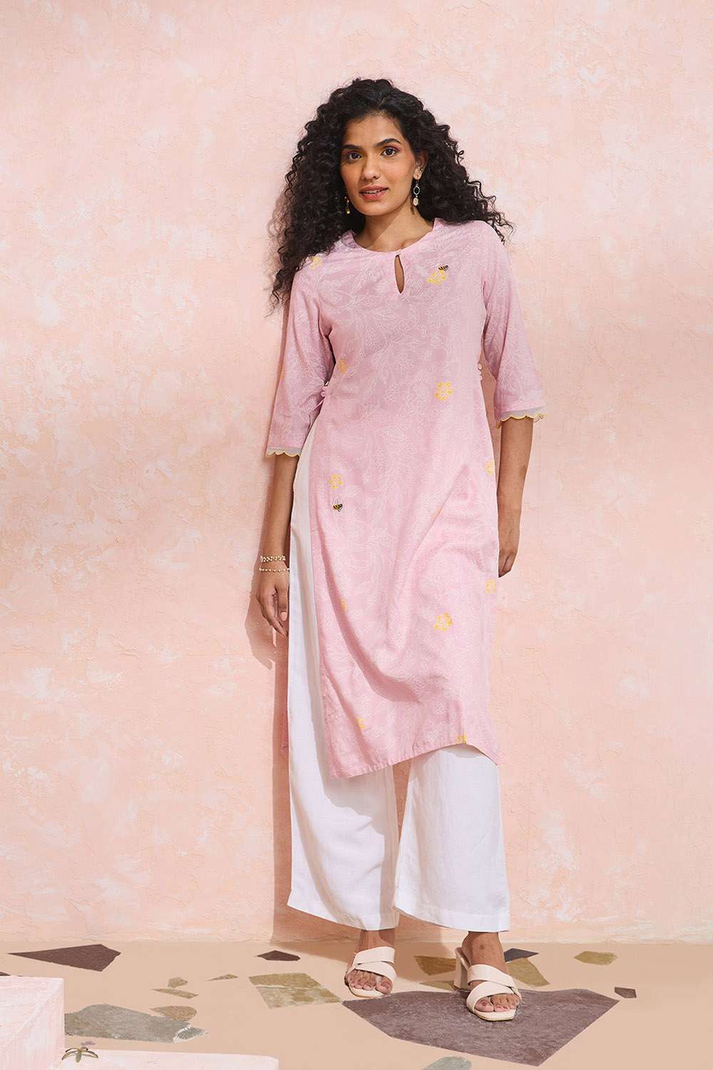 Light Pink Screen Printed Viscose Kurta image number null