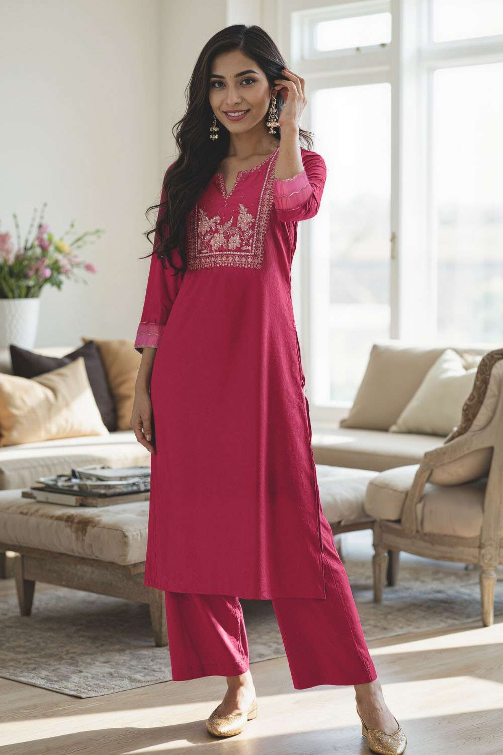 Dark Pink Pure Silk Cotton Embroidered Kurta image number null