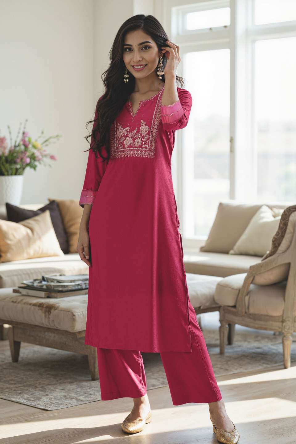 Dark Pink Pure Silk Cotton Embroidered Kurta