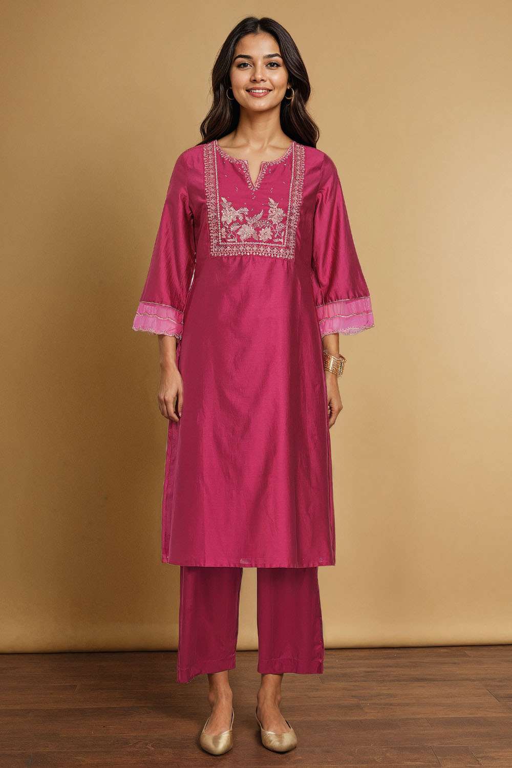 Dark Pink Pure Silk Cotton Embroidered Kurta image number null