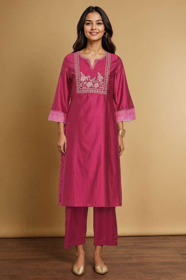 Dark Pink Pure Silk Cotton Embroidered Kurta thumbnail image number null