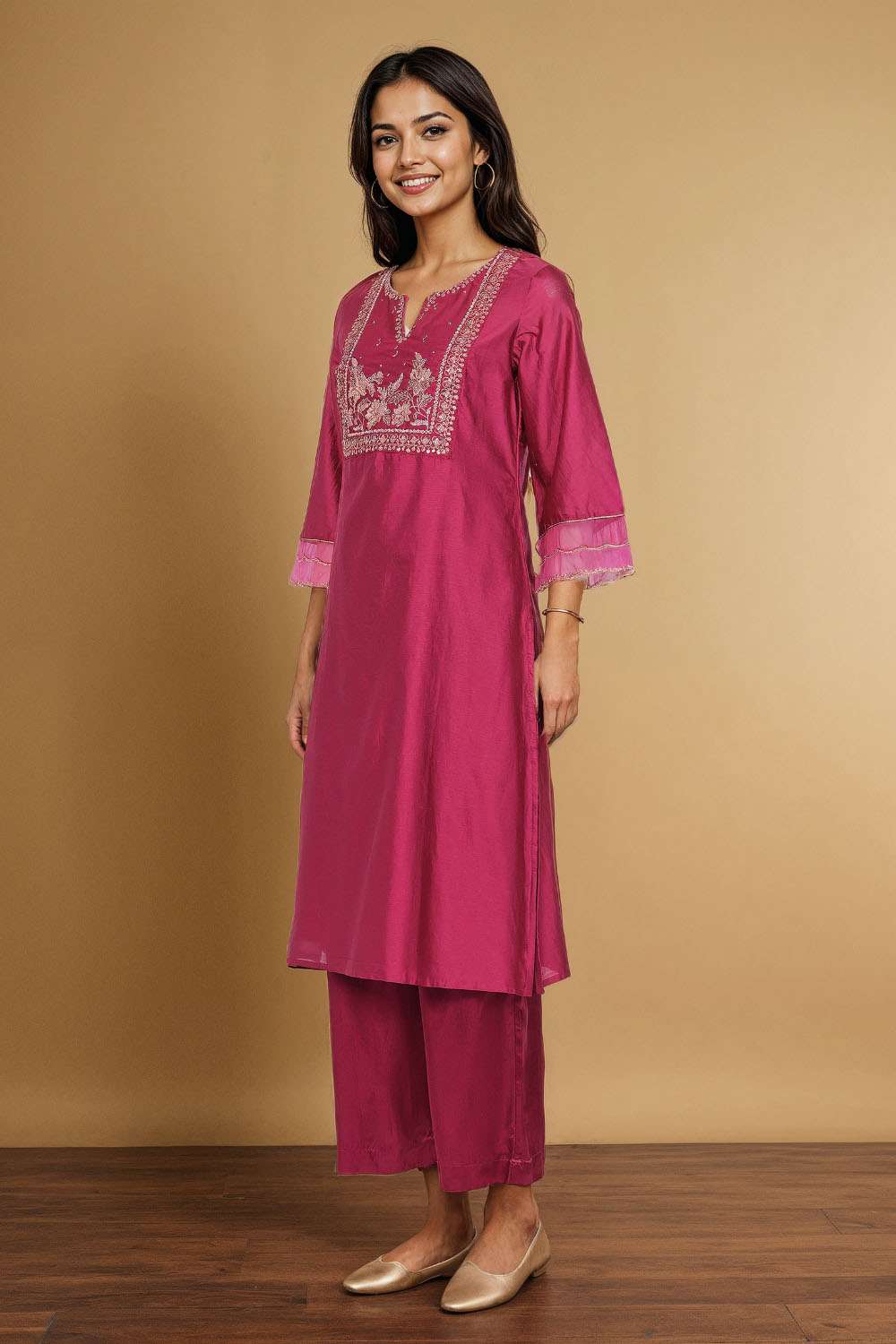 Dark Pink Pure Silk Cotton Embroidered Kurta image number null