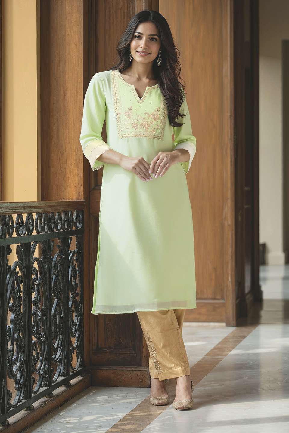 Light Green Pure Silk Cotton Embroidered Kurta