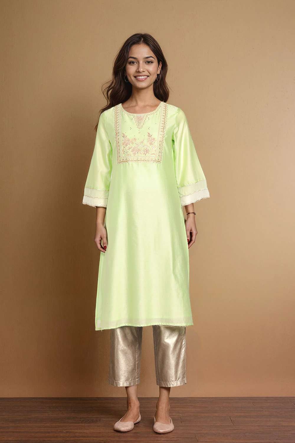 Light Green Pure Silk Cotton Embroidered Kurta image number null
