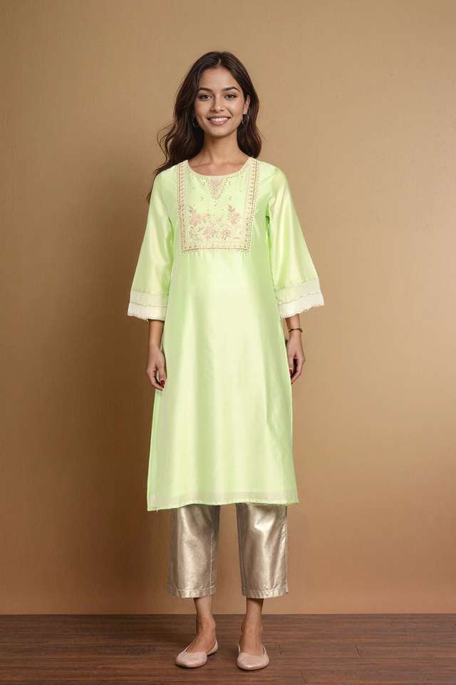 Light Green Pure Silk Cotton Embroidered Kurta thumbnail image number null