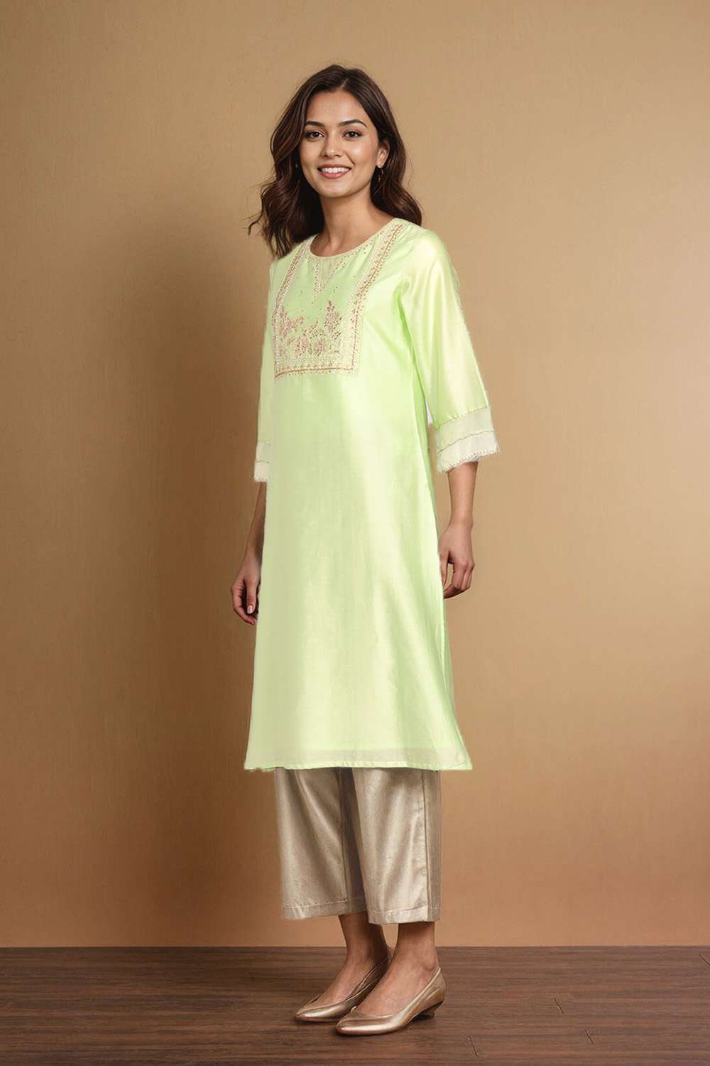Light Green Pure Silk Cotton Embroidered Kurta image number null