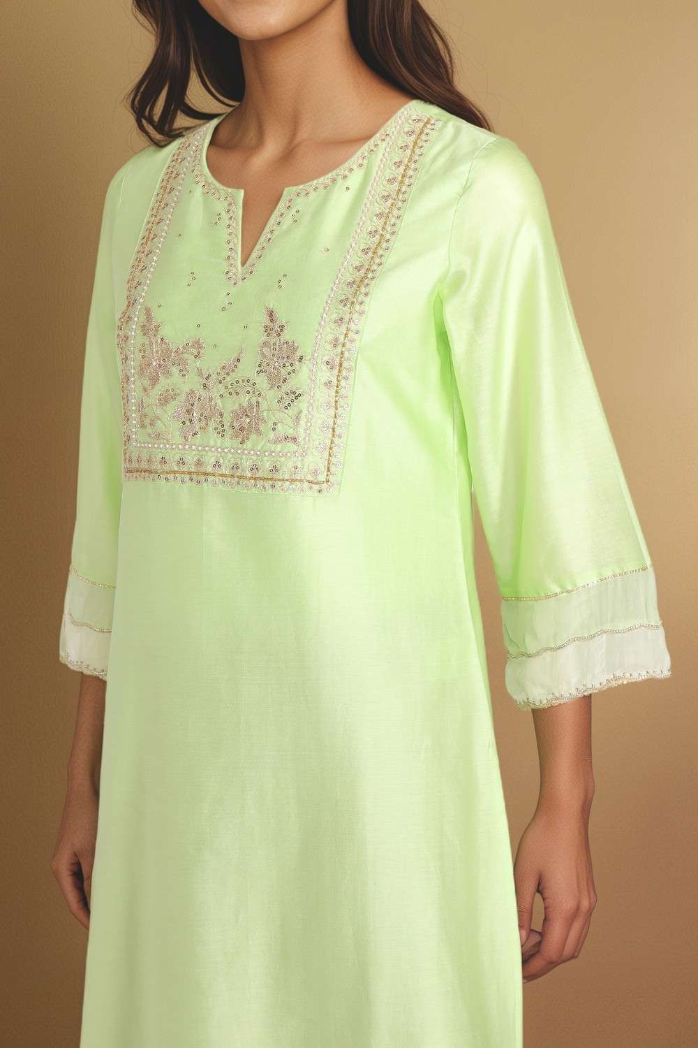Light Green Pure Silk Cotton Embroidered Kurta image number null