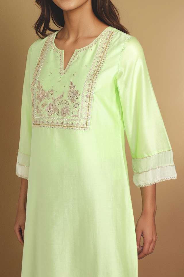 Light Green Pure Silk Cotton Embroidered Kurta thumbnail image number null