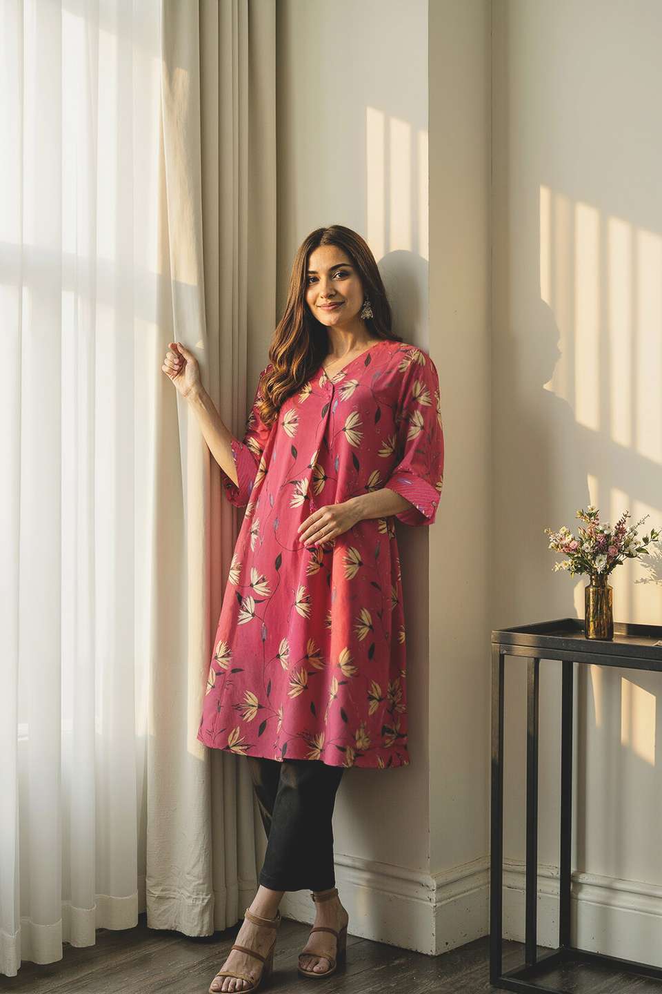 Pink Viscose Embroidered Kurta