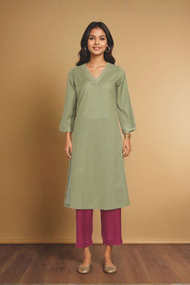 Green Pure Cotton  Embroidered Kurta thumbnail image number null