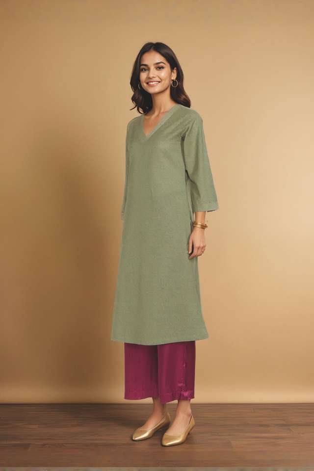 Green Pure Cotton  Embroidered Kurta thumbnail image number null
