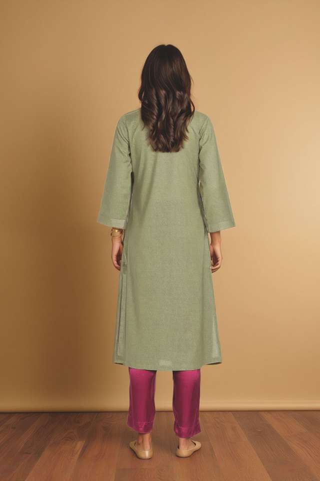 Green Pure Cotton  Embroidered Kurta thumbnail image number null