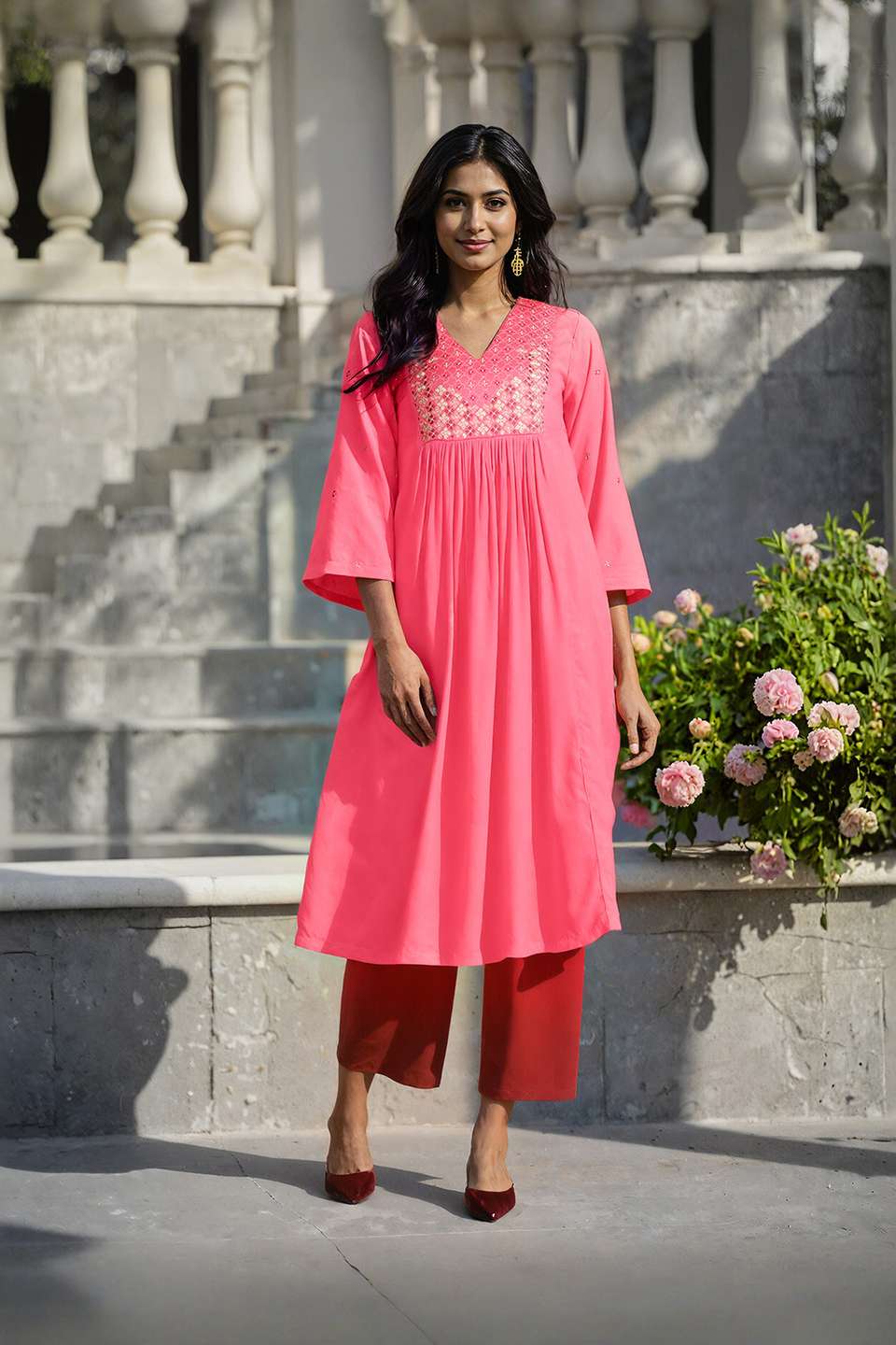 Pink Embroidered Modal Kurta