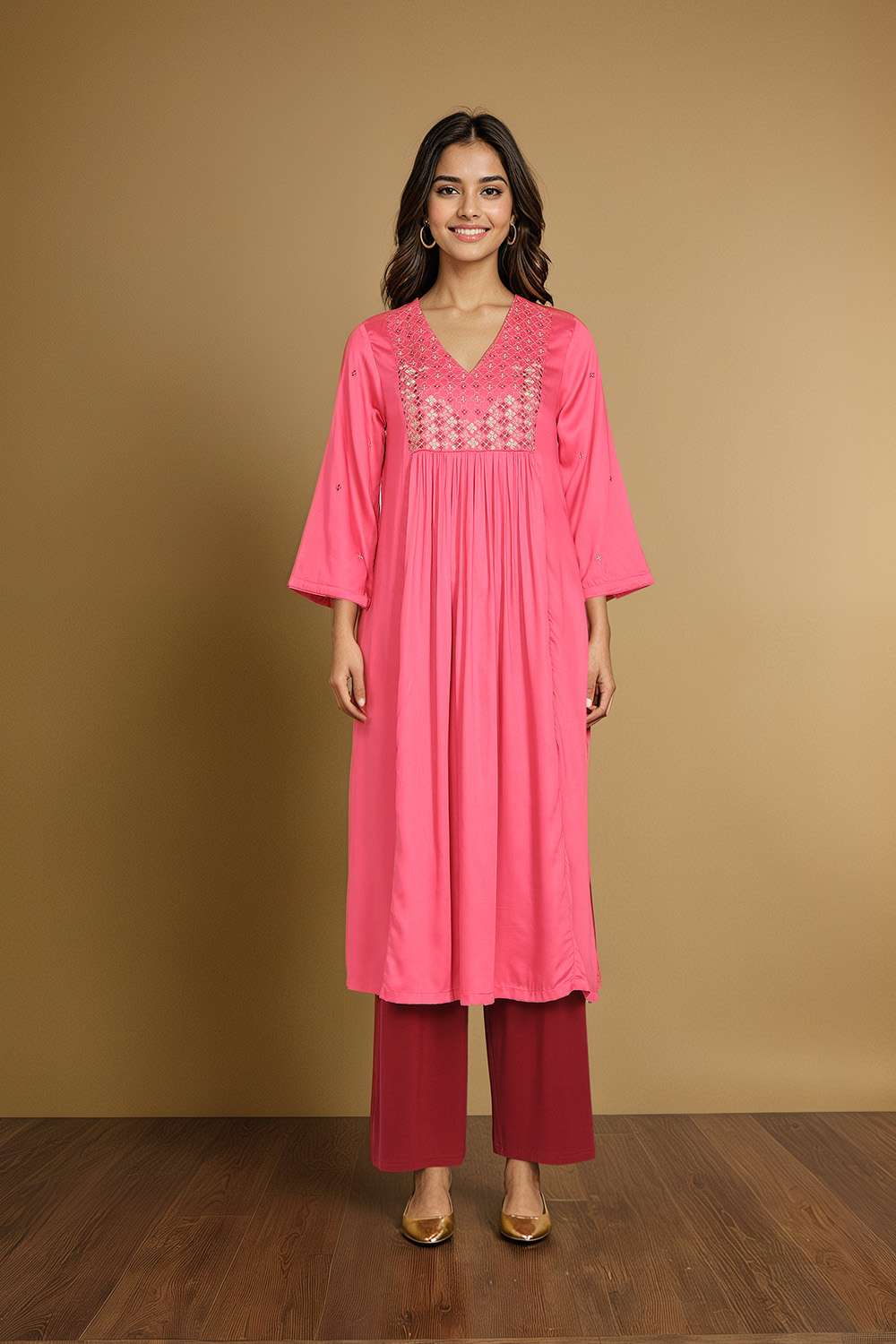 Pink Embroidered Modal Kurta image number null