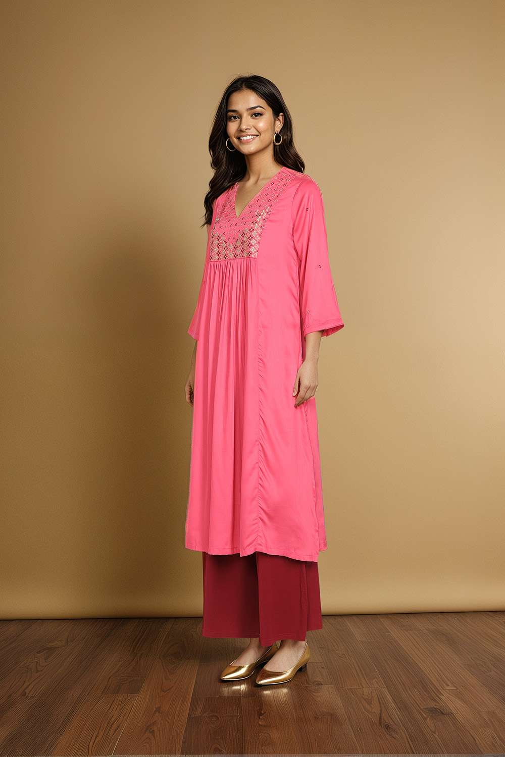 Pink Embroidered Modal Kurta image number null