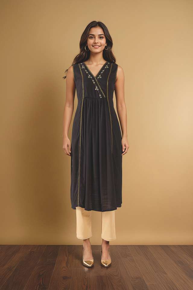 Black Embroidered Viscose Kurta thumbnail image number null