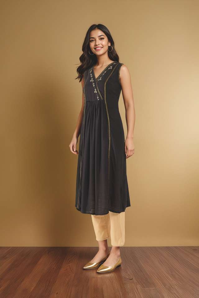 Black Embroidered Viscose Kurta thumbnail image number null