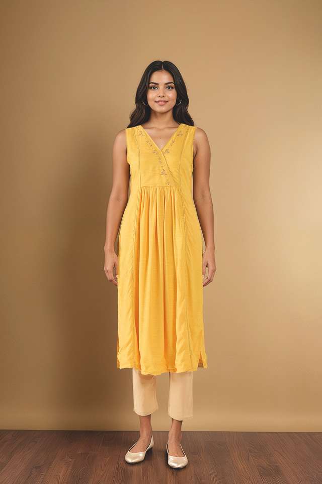 Yellow Embroidered Viscose Kurta thumbnail image number null