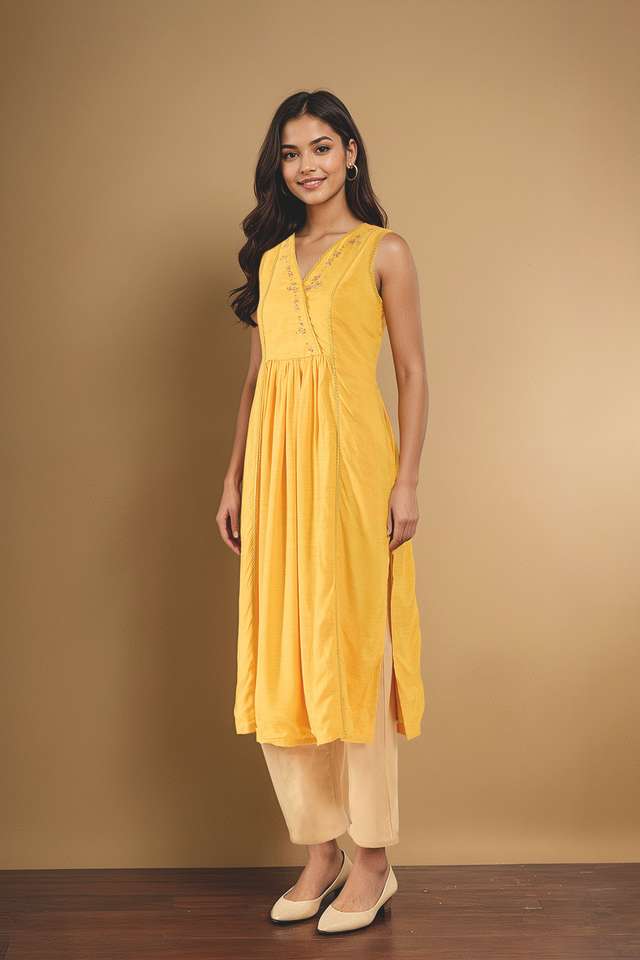 Yellow Embroidered Viscose Kurta thumbnail image number null