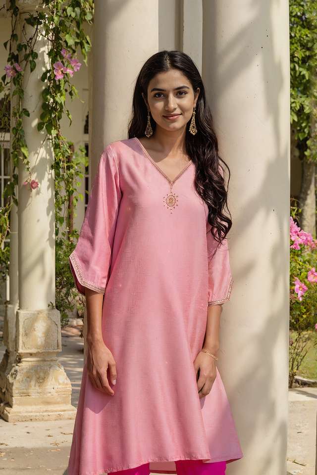 Pink Embroidery Viscose Kurta image number