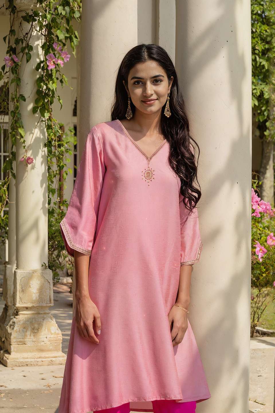 Pink Embroidery Viscose Kurta