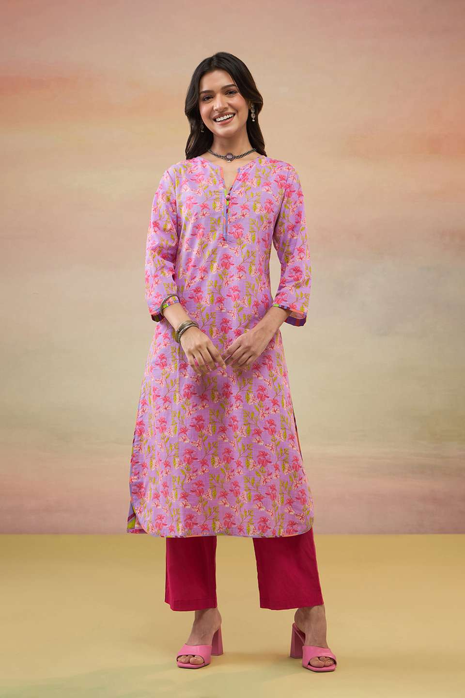 Light Violet Pure Cotton Screen Printed  Kurta