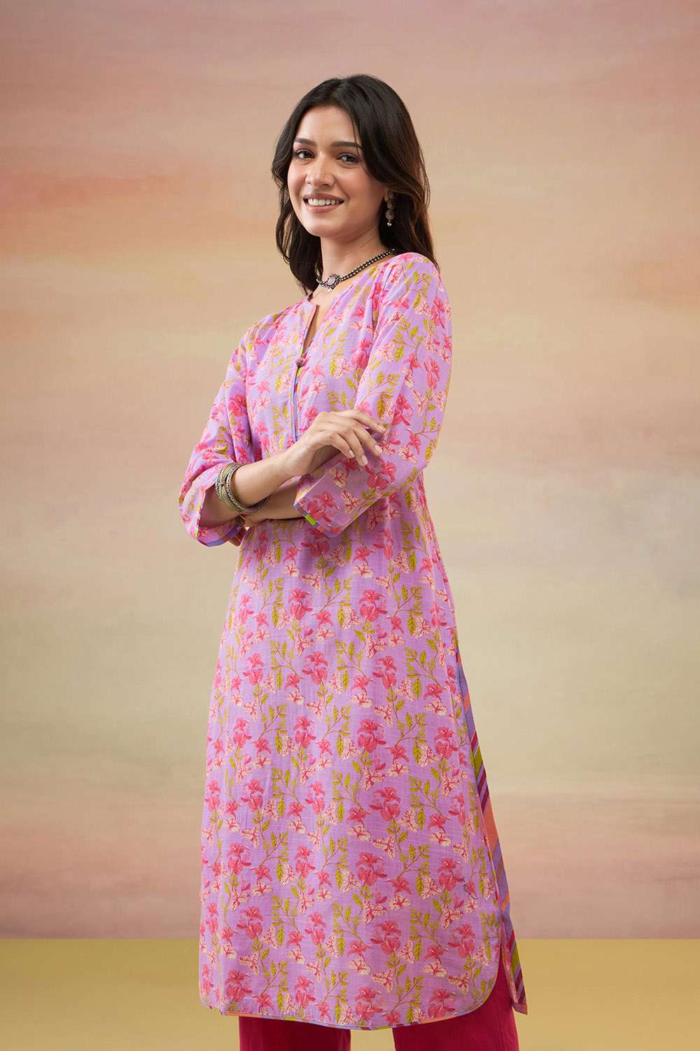 Light Violet Pure Cotton Screen Printed  Kurta image number null