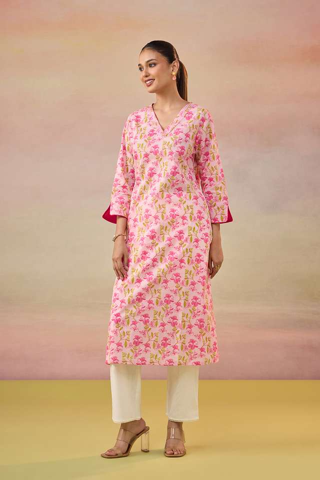 Light Pink Screen Printed  Pure Cotton Kurta image number