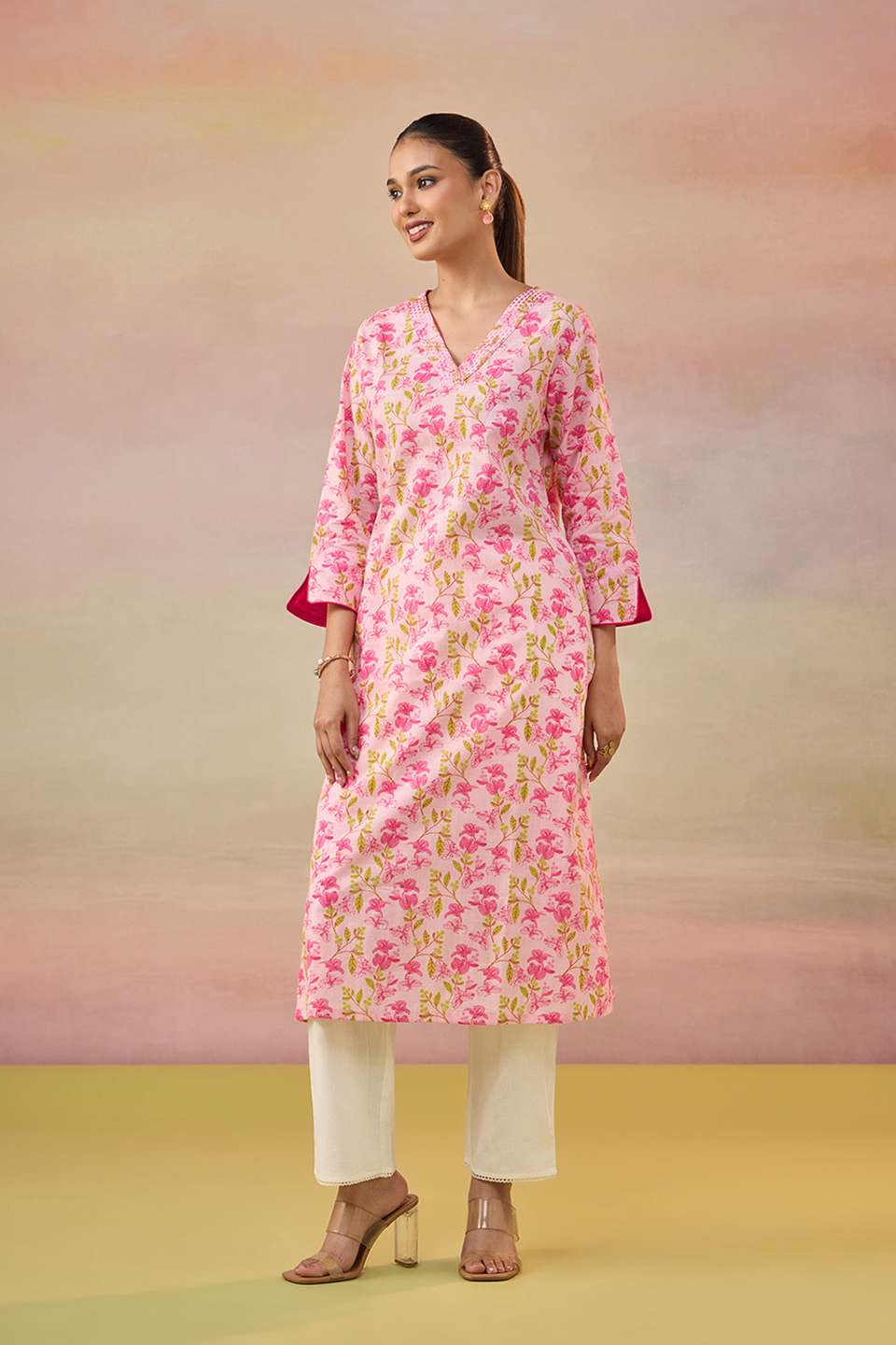Light Pink Screen Printed  Pure Cotton Kurta