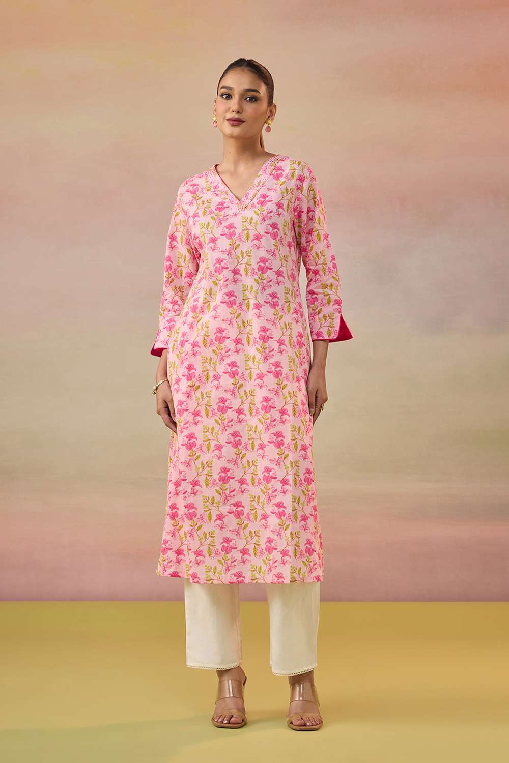 Light Pink Screen Printed  Pure Cotton Kurta image number null