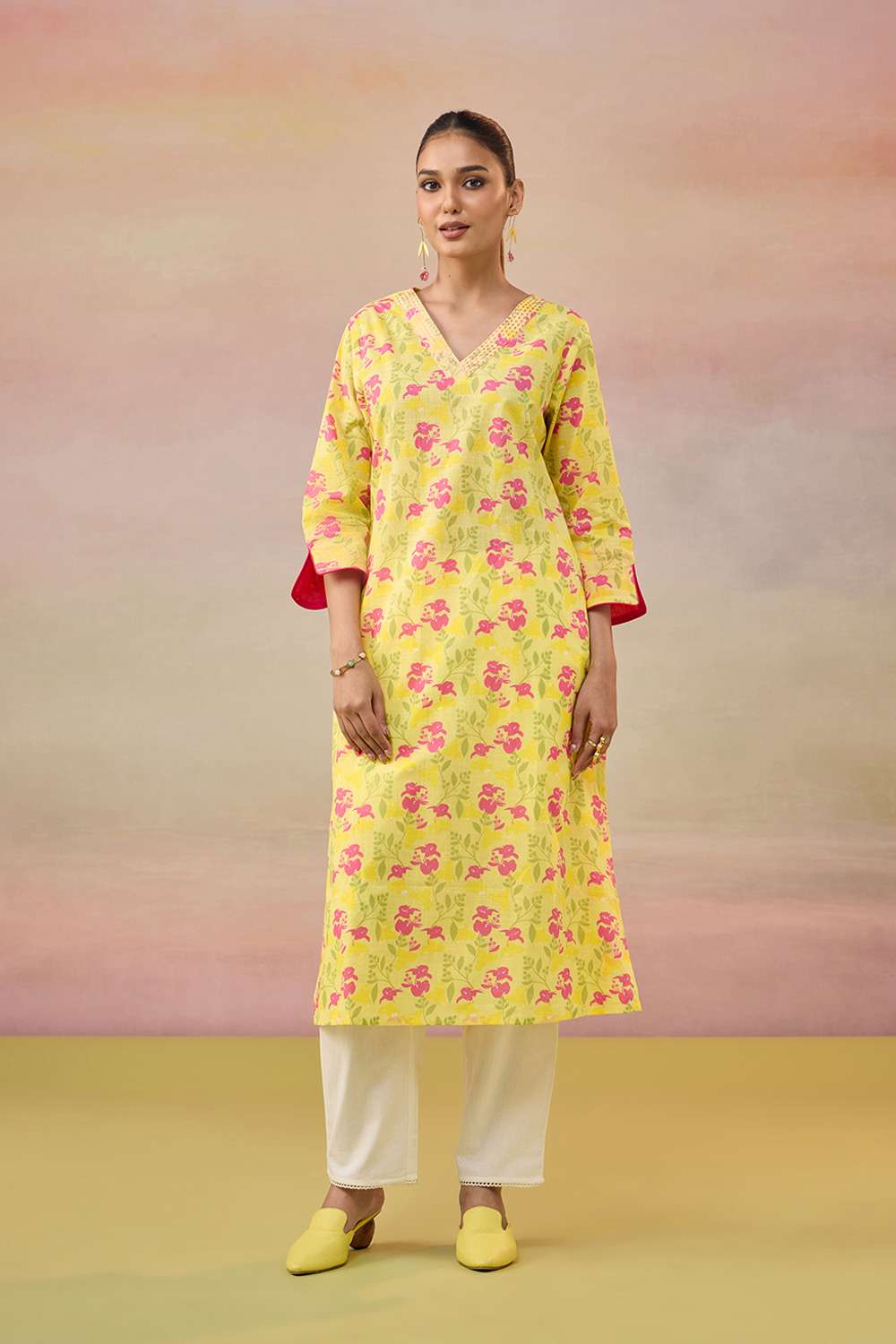 Yellow Screen Printed  Pure Cotton Kurta image number null