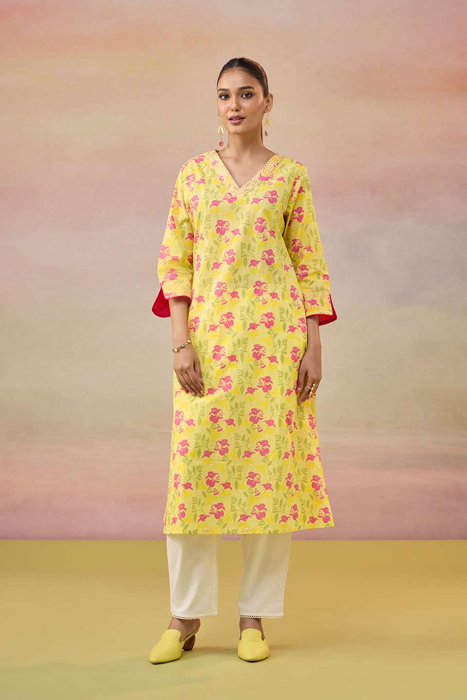 Yellow Screen Printed  Pure Cotton Kurta
